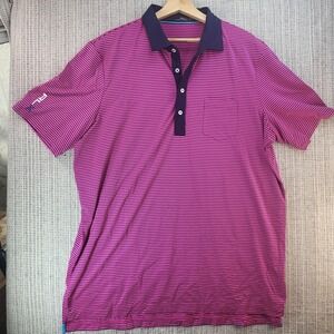 RLX Ralph Lauren Polo Shirt Mens XL Pink Navy Stripe Golf Contrast Collar Pocket
